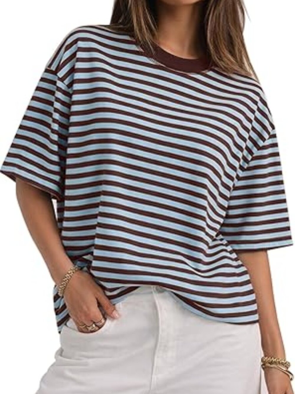 CHYRII Womens Oversized Striped T (XL) Blue, Coffee